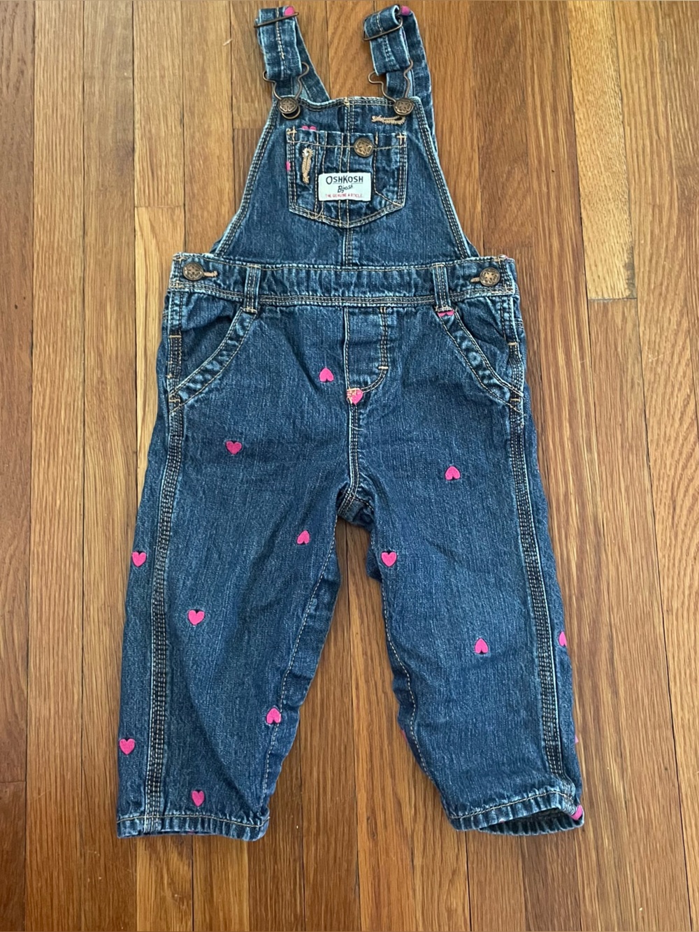 OshKosh B'gosh Dark Blue Denim Overalls with Pink Heart Embroidery